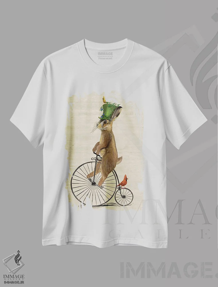 تیشرت سفید طرح دار خرگوش مارس بر دوچرخه پنی فارثینگ، هنر دیجیتال اثر فب فانکی | فروشگاه ایماژ