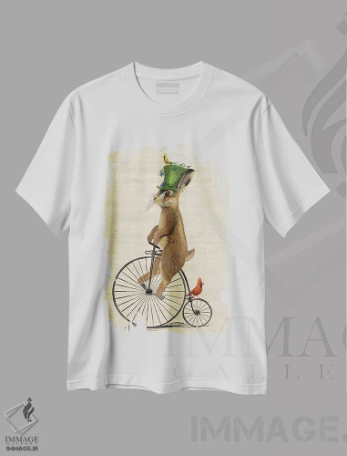 تیشرت سفید طرح دار خرگوش مارس بر دوچرخه پنی فارثینگ، هنر دیجیتال اثر فب فانکی | فروشگاه ایماژ