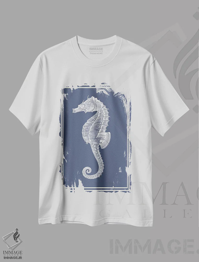 تیشرت سفید طرح دار ترکیب دریایی سفید بر آبی نیلی ۴، تزئینی اثر فب فانکی | فروشگاه ایماژ