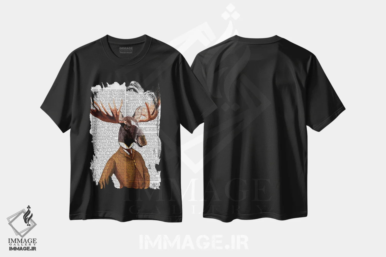 تیشرت مشکی طرح دار پرتره گوزن شمالی کت وشلواری، هنر دیجیتال اثر فب فانکی | فروشگاه ایماژ