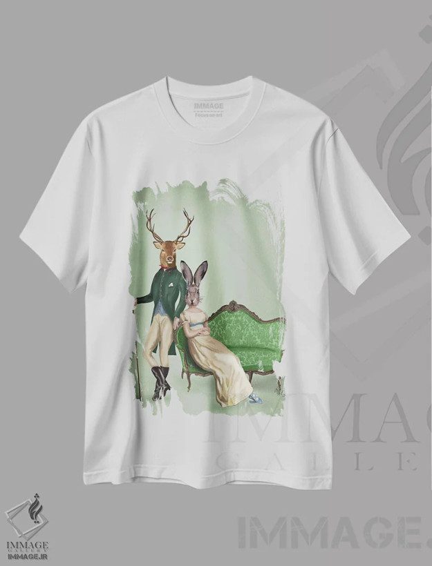 تیشرت سفید طرح دار آقای گوزن و خانم خرگوش، هنر دیجیتال اثر فب فانکی | فروشگاه ایماژ