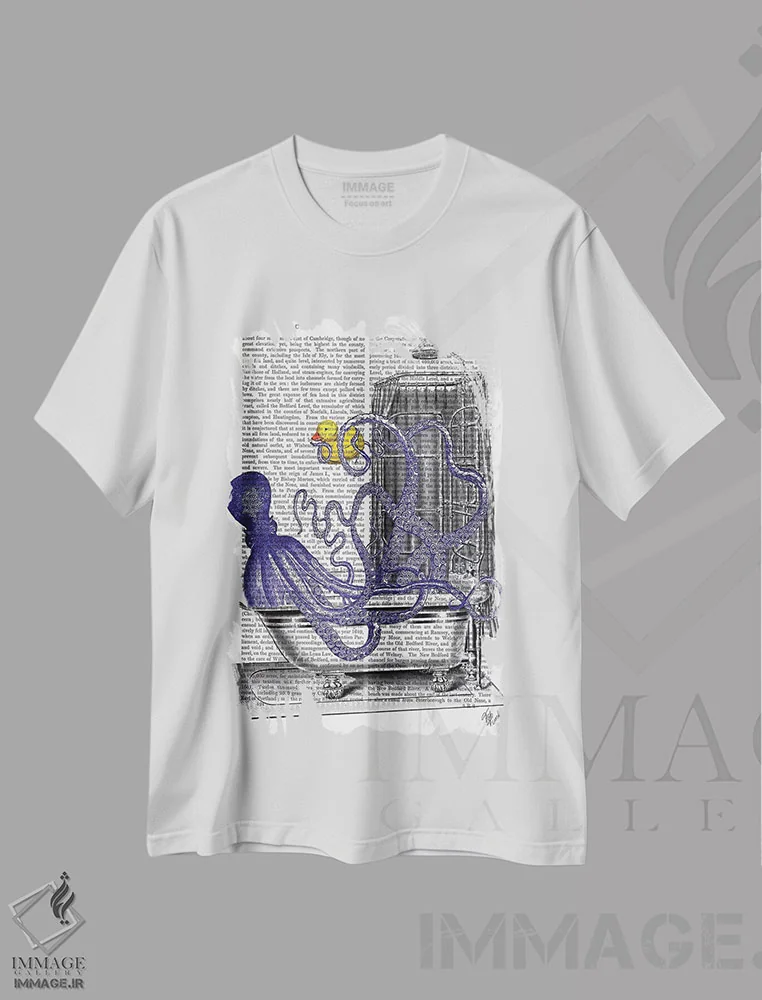 تیشرت سفید طرح دار اختاپوس در وان حمام، تزئینی اثر فب فانکی | فروشگاه ایماژ