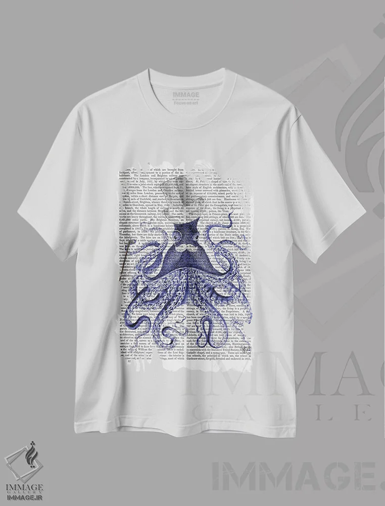 تیشرت سفید طرح دار اختاپوس در شهر، تزئینی اثر فب فانکی | immage.ir