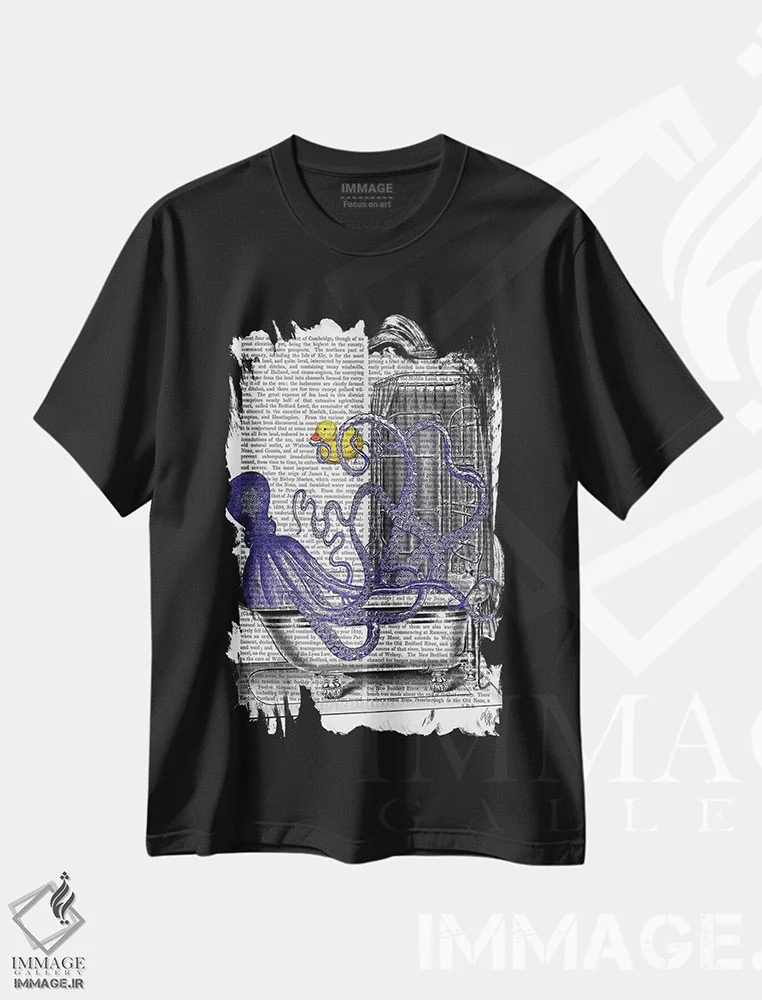 تیشرت مشکی طرح دار اختاپوس در وان حمام، تزئینی اثر فب فانکی | immage.ir