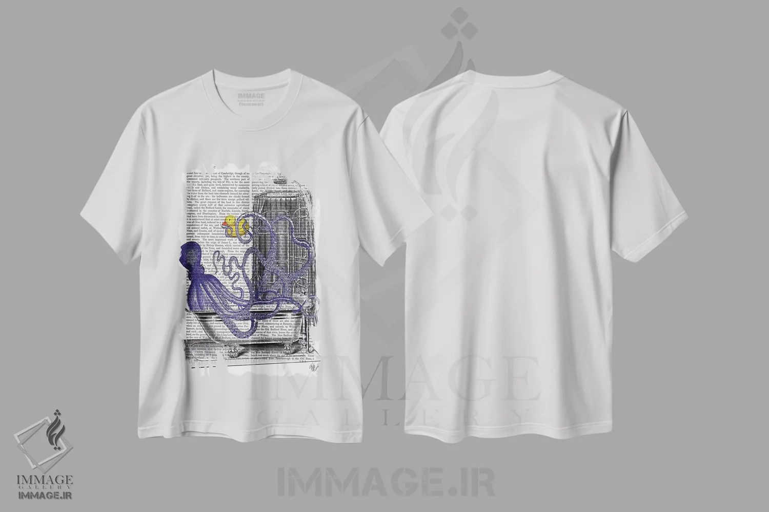 تیشرت سفید طرح دار اختاپوس در وان حمام، تزئینی اثر فب فانکی | فروشگاه ایماژ
