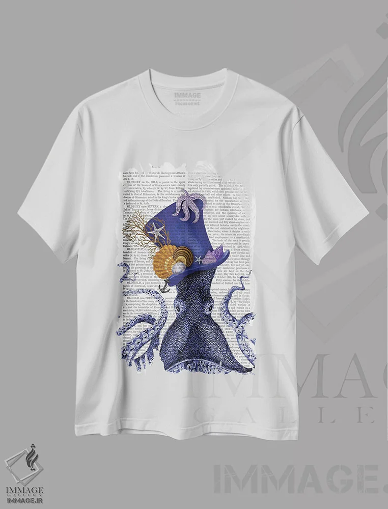 تیشرت سفید طرح دار اختاپوس با کلاه دریایی، تزئینی اثر فب فانکی | immage.ir