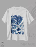 تیشرت سفید طرح دار شاخک های اختاپوس، آبی و سفید، تزئینی اثر فب فانکی | فروشگاه ایماژ