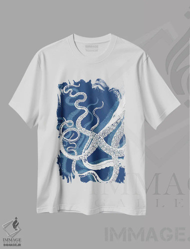 تیشرت سفید طرح دار شاخک های اختاپوس، آبی و سفید، تزئینی اثر فب فانکی | فروشگاه ایماژ