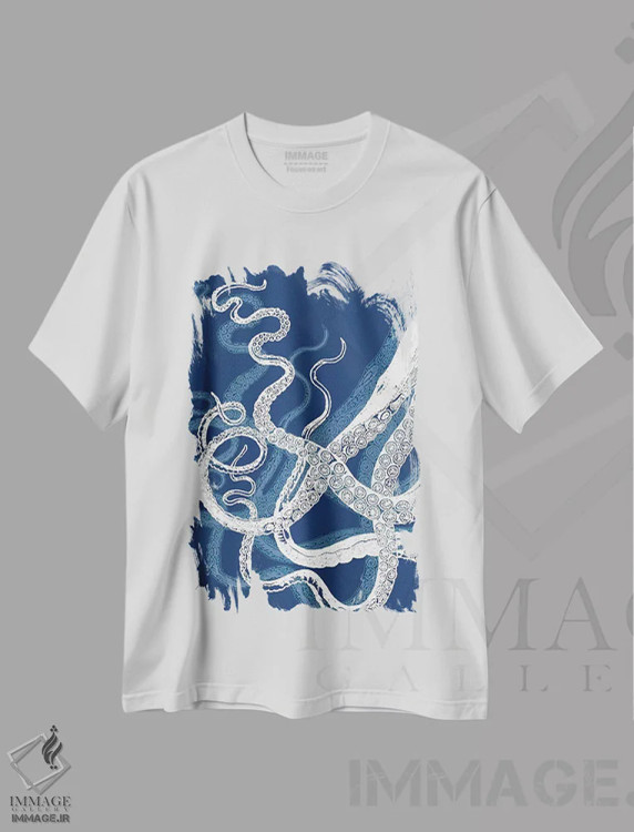 تیشرت سفید طرح دار شاخک های اختاپوس، آبی و سفید، تزئینی اثر فب فانکی | فروشگاه ایماژ