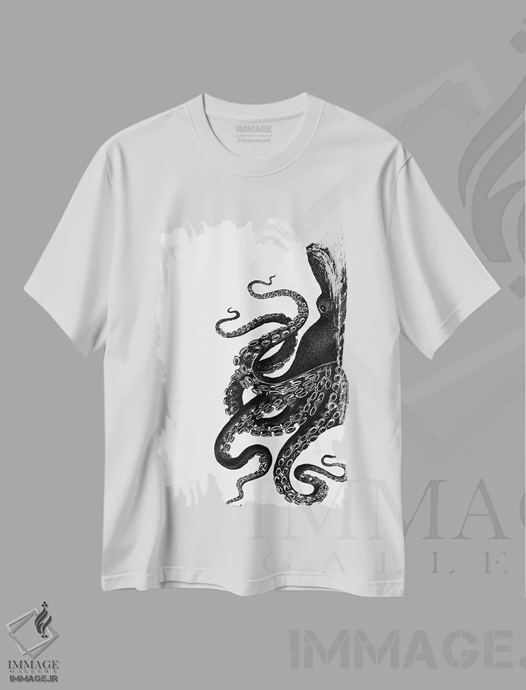 تیشرت سفید طرح دار اختاپوس، سیاه و سفید ۱، تزئینی اثر فب فانکی | immage.ir