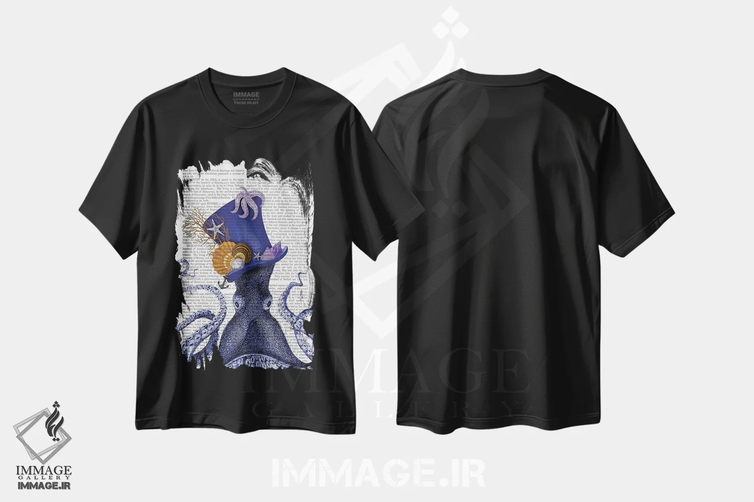 تیشرت مشکی طرح دار اختاپوس با کلاه دریایی، تزئینی اثر فب فانکی | فروشگاه ایماژ