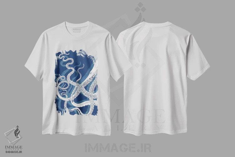 تیشرت سفید طرح دار شاخک های اختاپوس، آبی و سفید، تزئینی اثر فب فانکی | فروشگاه ایماژ