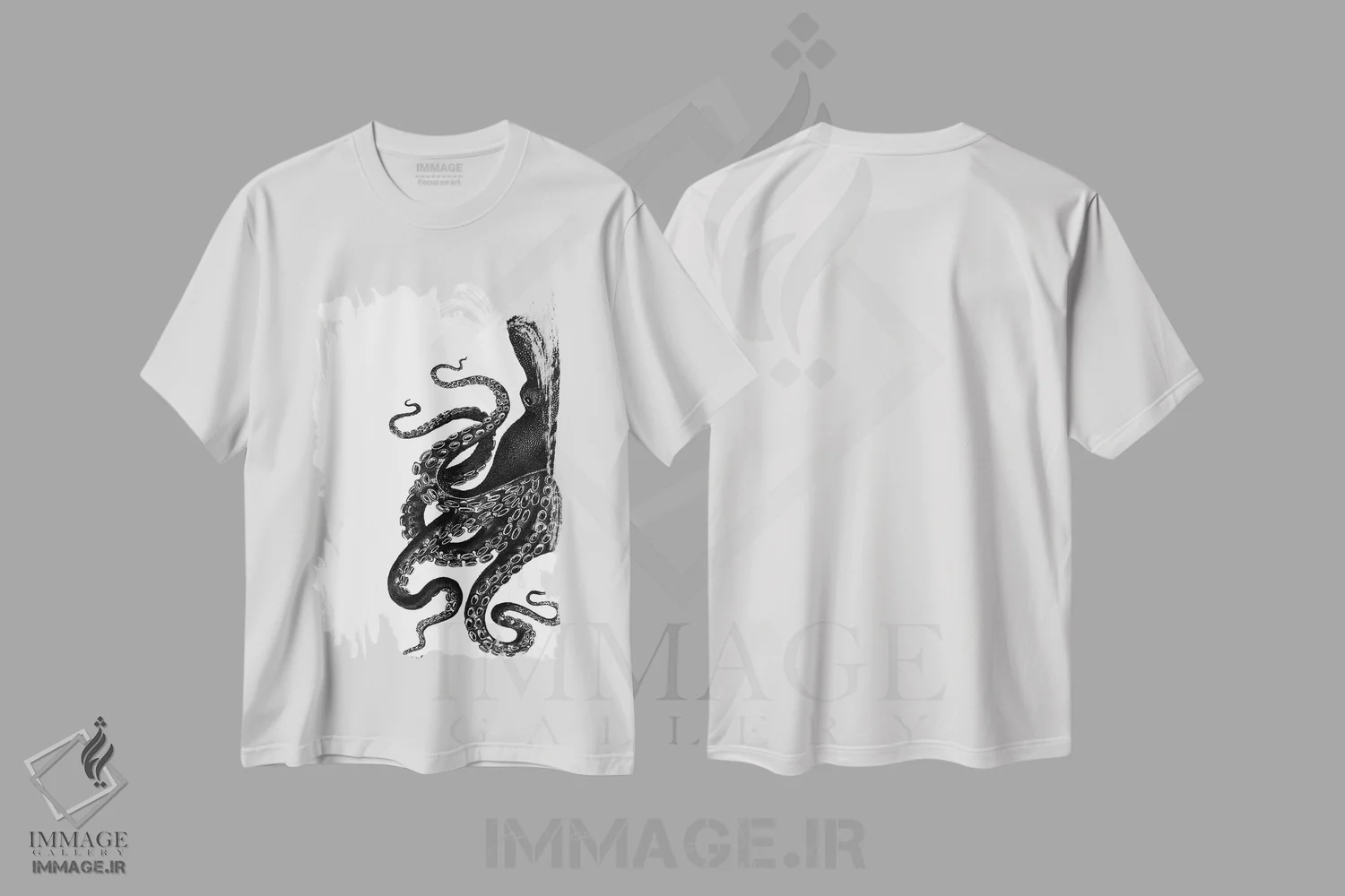 تیشرت سفید طرح دار اختاپوس، سیاه و سفید ۱، تزئینی اثر فب فانکی | immage.ir