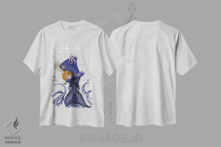تیشرت سفید طرح دار اختاپوس با کلاه دریایی، تزئینی اثر فب فانکی | immage.ir