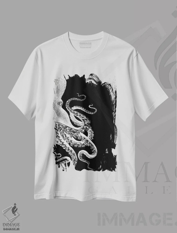 تیشرت سفید طرح دار اختاپوس، سیاه و سفید ۲، تزئینی اثر فب فانکی | فروشگاه ایماژ
