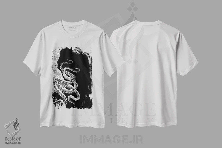 تیشرت سفید طرح دار اختاپوس، سیاه و سفید ۲، تزئینی اثر فب فانکی | فروشگاه ایماژ