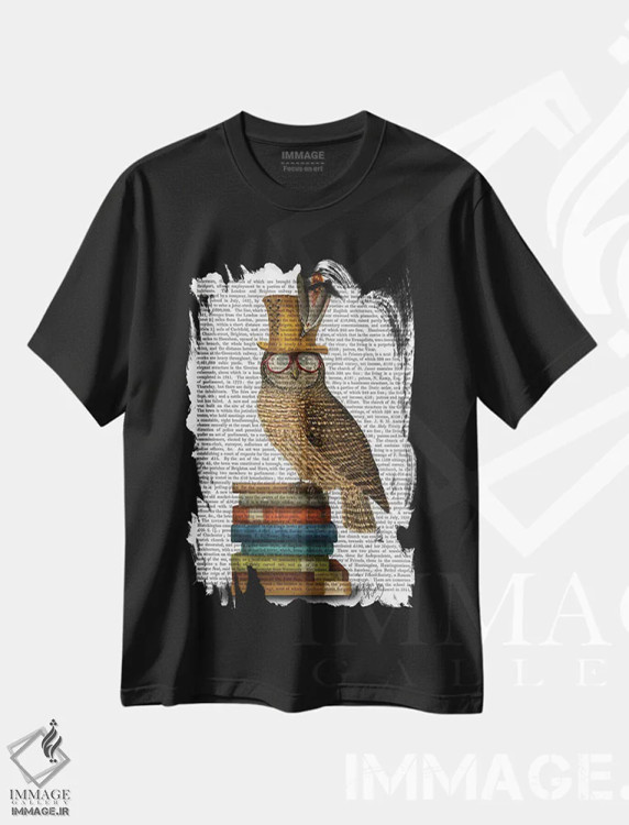 تیشرت مشکی طرح دار جغد روی کتاب ها، هنر دیجیتال اثر فب فانکی | فروشگاه ایماژ