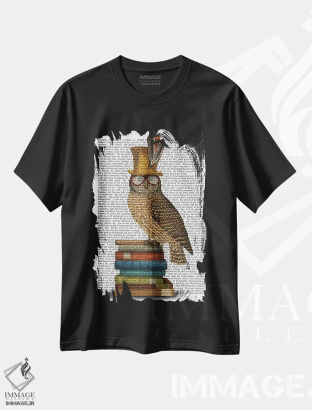 تیشرت مشکی طرح دار جغد روی کتاب ها، هنر دیجیتال اثر فب فانکی | فروشگاه ایماژ