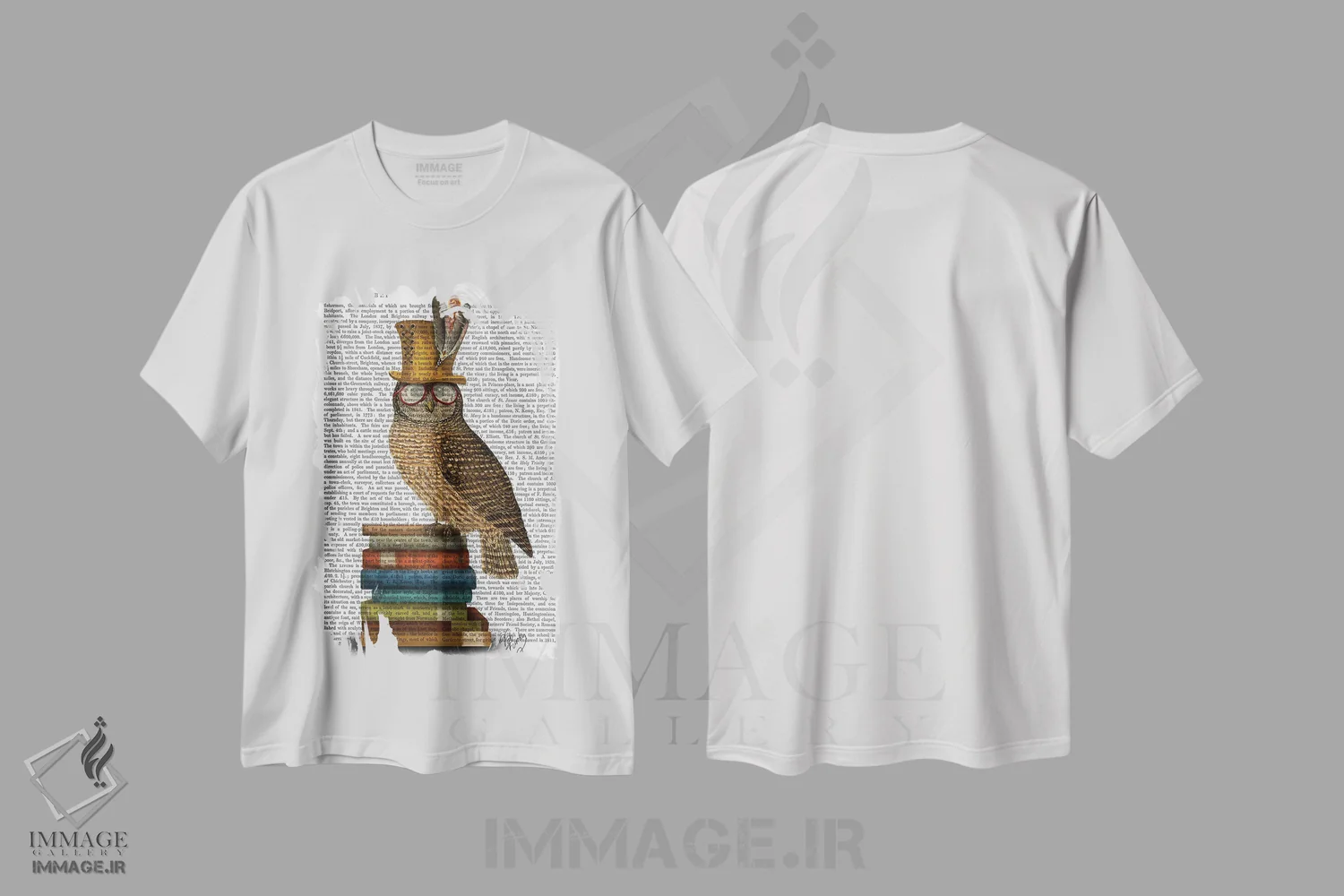تیشرت سفید طرح دار جغد روی کتاب ها، هنر دیجیتال اثر فب فانکی | immage.ir