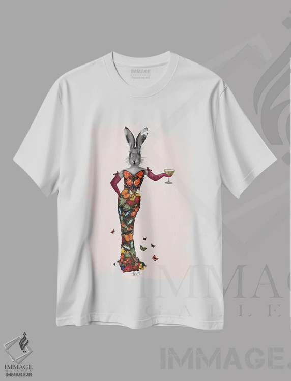 تیشرت سفید طرح دار خرگوش با لباس پروانه ای، هنر دیجیتال اثر فب فانکی | فروشگاه ایماژ
