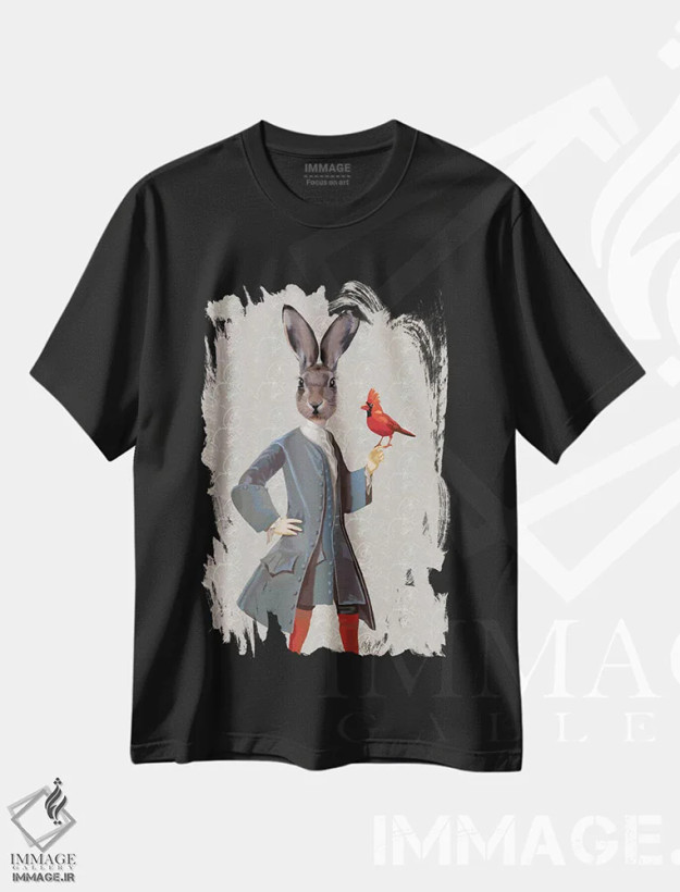 تیشرت مشکی طرح دار خرگوش و پرنده، هنر دیجیتال اثر فب فانکی | فروشگاه ایماژ