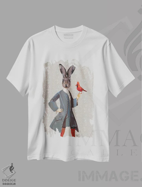 تیشرت سفید طرح دار خرگوش و پرنده، هنر دیجیتال اثر فب فانکی | immage.ir