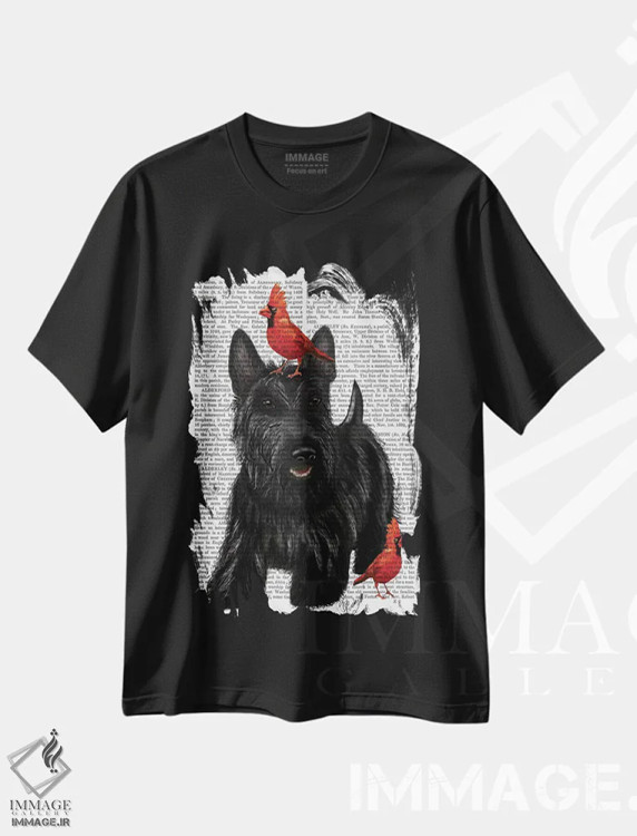 تیشرت مشکی طرح دار تریر اسکاتلندی و پرندگان، هنر دیجیتال اثر فب فانکی | immage.ir