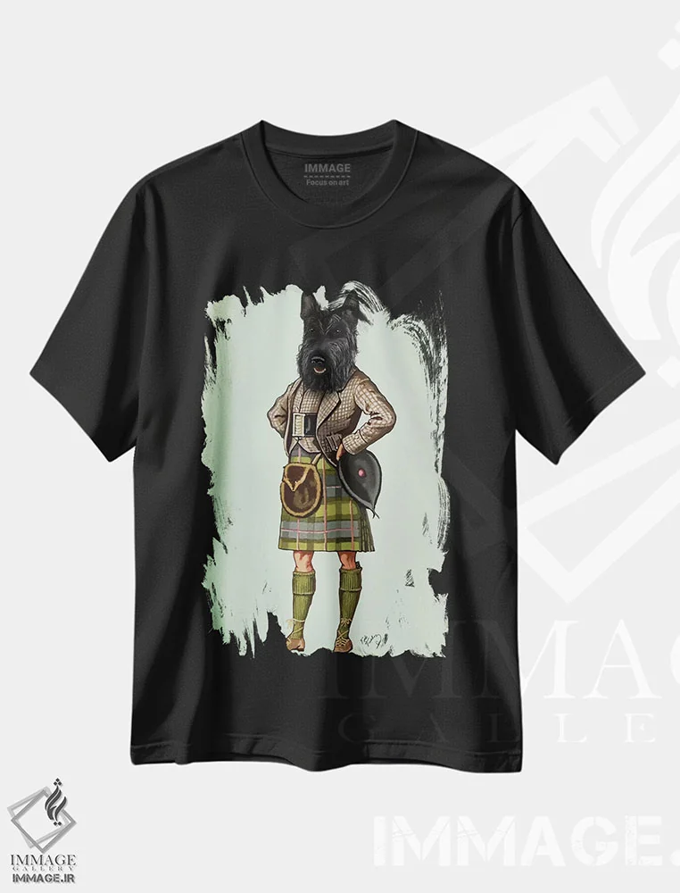 تیشرت مشکی طرح دار تریر اسکاتلندی با دامن سنتی، هنر دیجیتال اثر فب فانکی | فروشگاه ایماژ