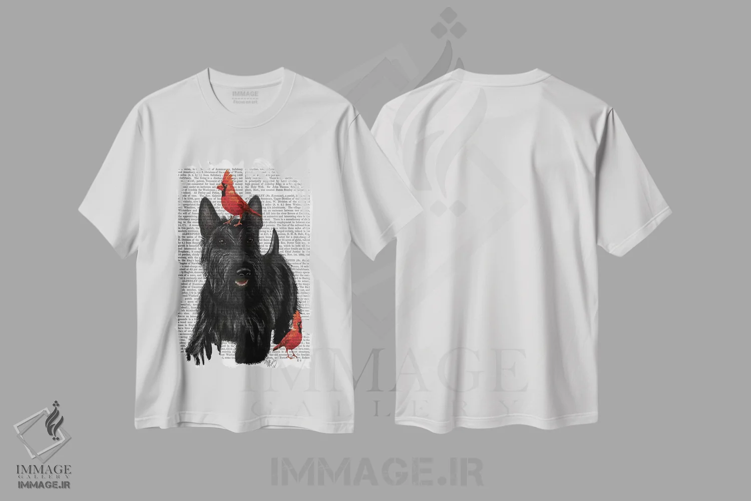 تیشرت سفید طرح دار تریر اسکاتلندی و پرندگان، هنر دیجیتال اثر فب فانکی | فروشگاه ایماژ