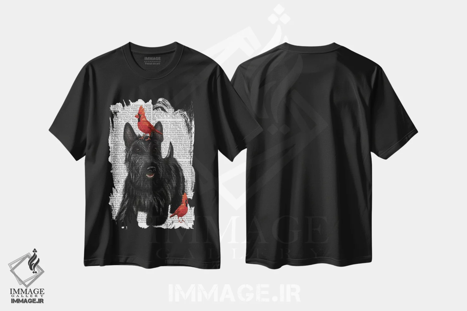 تیشرت مشکی طرح دار تریر اسکاتلندی و پرندگان، هنر دیجیتال اثر فب فانکی | immage.ir