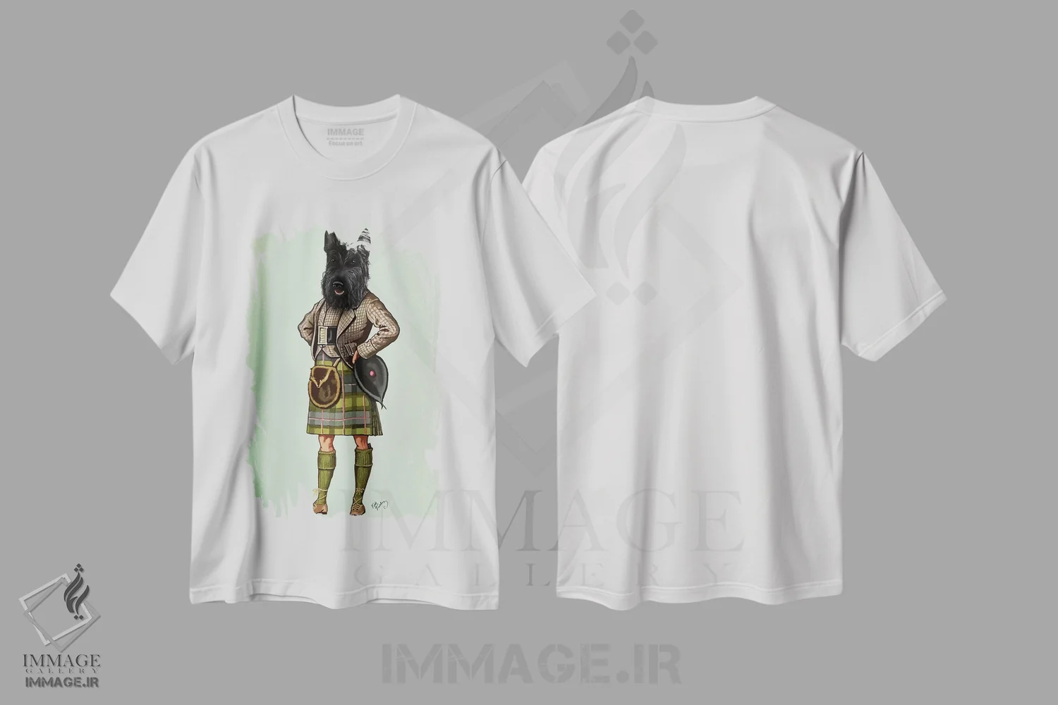 تیشرت سفید طرح دار تریر اسکاتلندی با دامن سنتی، هنر دیجیتال اثر فب فانکی | immage.ir