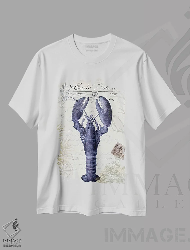 تیشرت سفید طرح دار کارت پستال ساحلی روی کرم: لابستر، تزئینی اثر فب فانکی | immage.ir