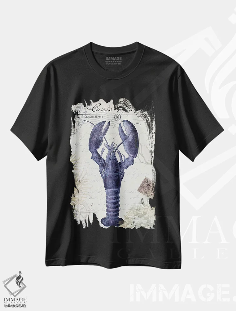 تیشرت مشکی طرح دار کارت پستال ساحلی روی کرم: لابستر، تزئینی اثر فب فانکی | فروشگاه ایماژ