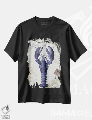 تیشرت مشکی طرح دار کارت پستال ساحلی روی کرم: لابستر، تزئینی اثر فب فانکی | فروشگاه ایماژ