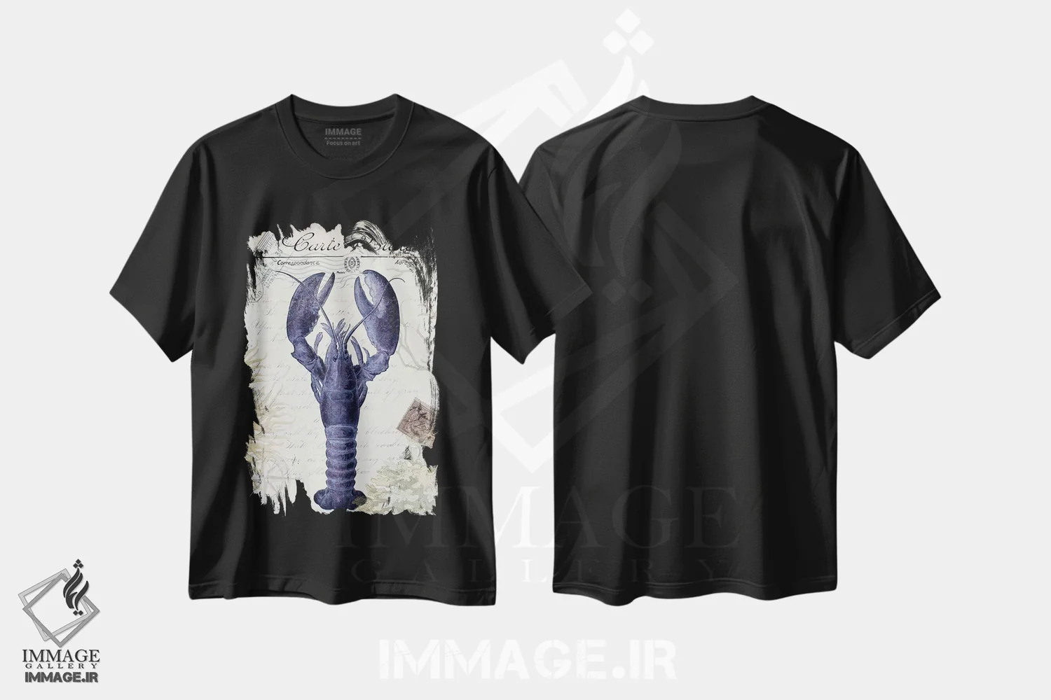 تیشرت مشکی طرح دار کارت پستال ساحلی روی کرم: لابستر، تزئینی اثر فب فانکی | فروشگاه ایماژ