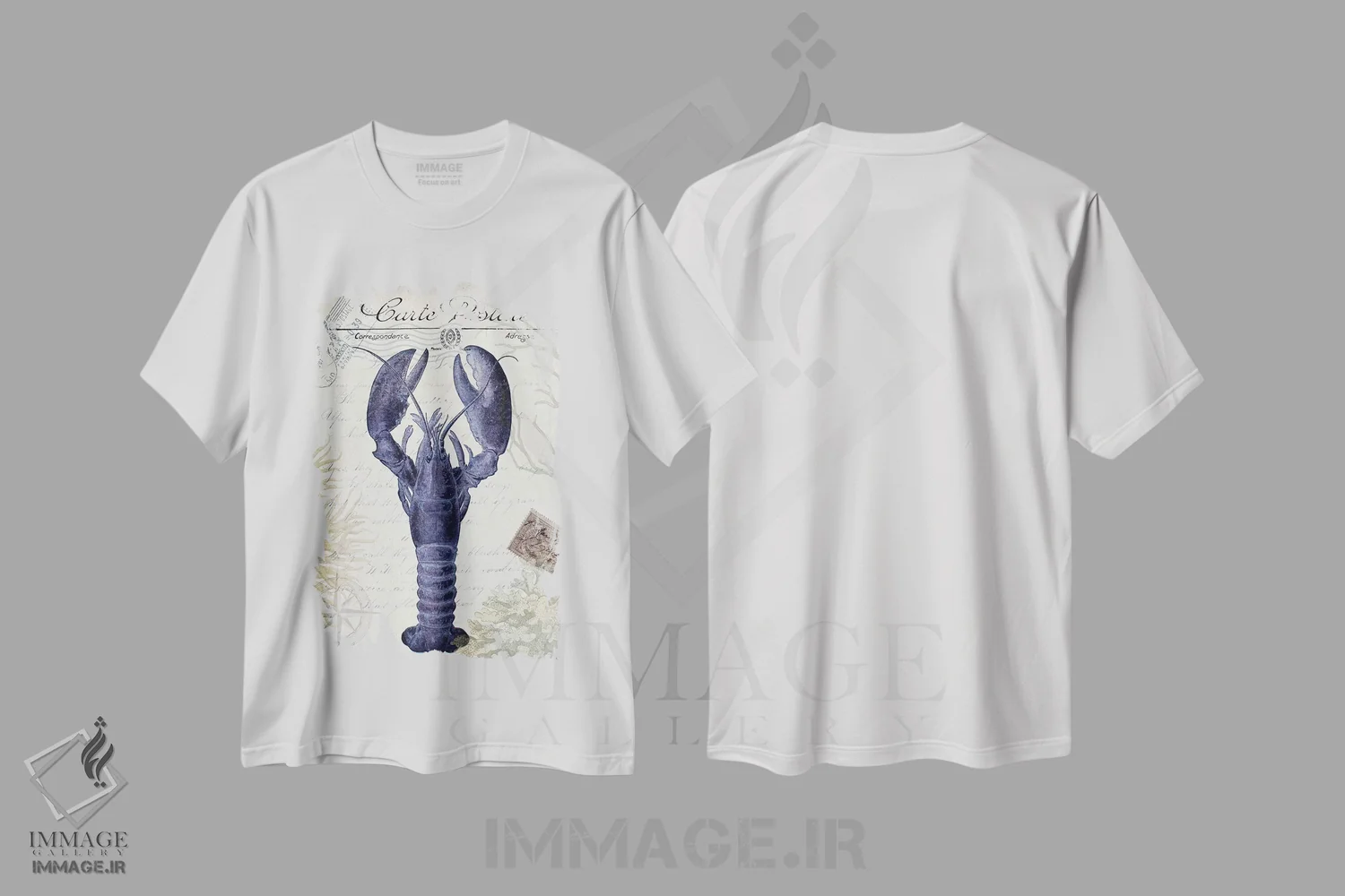 تیشرت سفید طرح دار کارت پستال ساحلی روی کرم: لابستر، تزئینی اثر فب فانکی | immage.ir