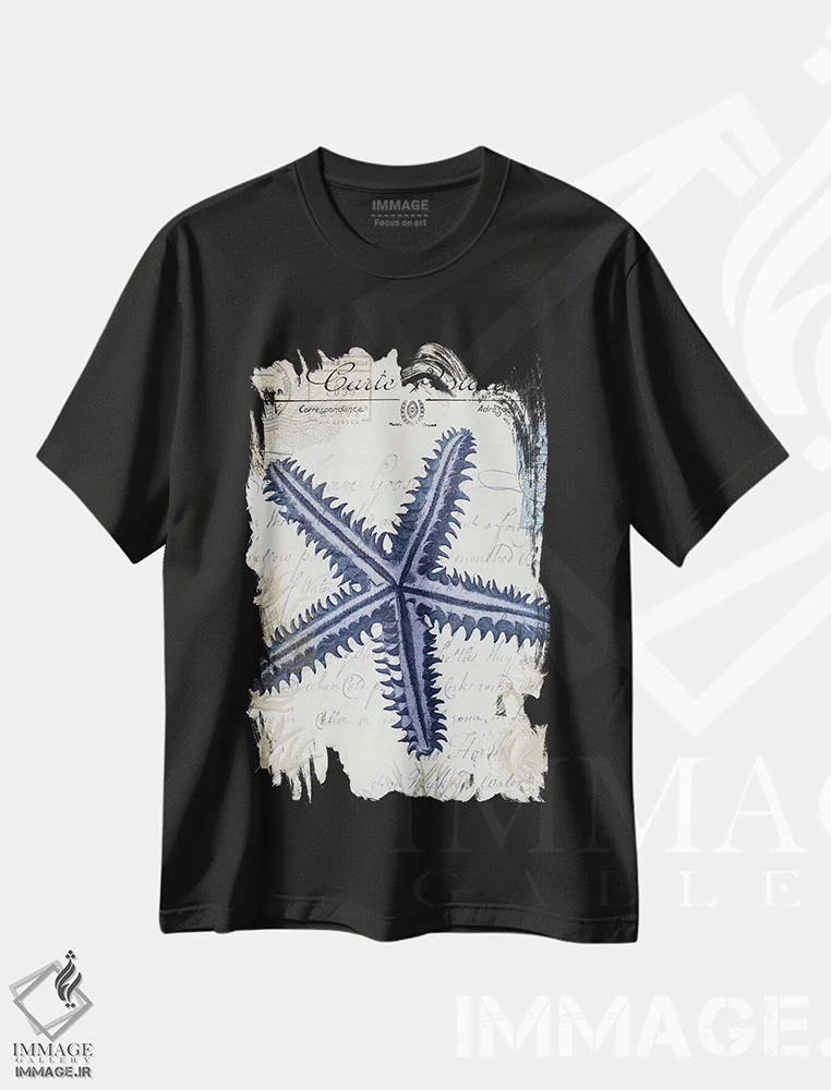 تیشرت مشکی طرح دار کارت پستال ساحلی روی کرم: ستاره دریایی، تزئینی اثر فب فانکی | فروشگاه ایماژ
