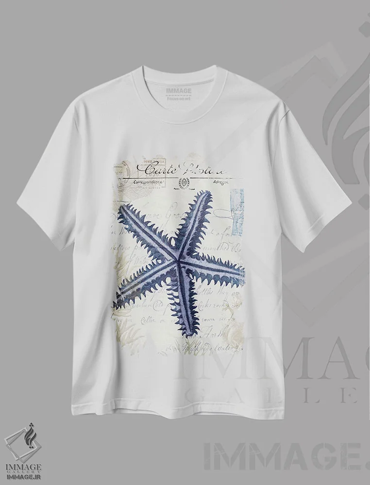 تیشرت سفید طرح دار کارت پستال ساحلی روی کرم: ستاره دریایی، تزئینی اثر فب فانکی | immage.ir
