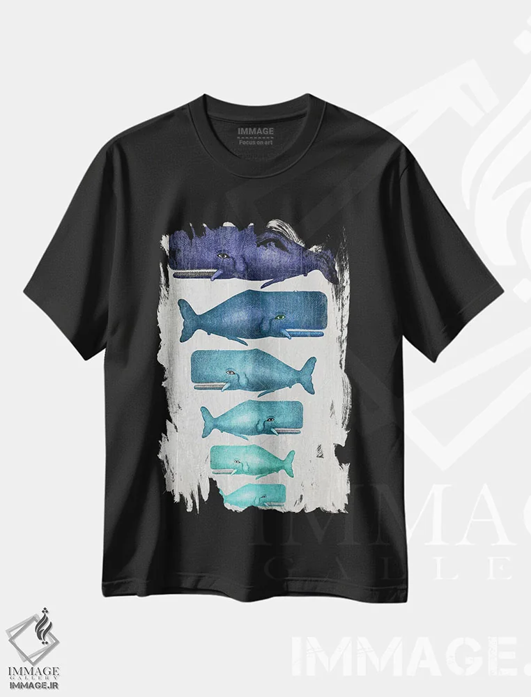 تیشرت مشکی طرح دار خانواده نهنگ آبی روی سفید، تزئینی اثر فب فانکی | immage.ir