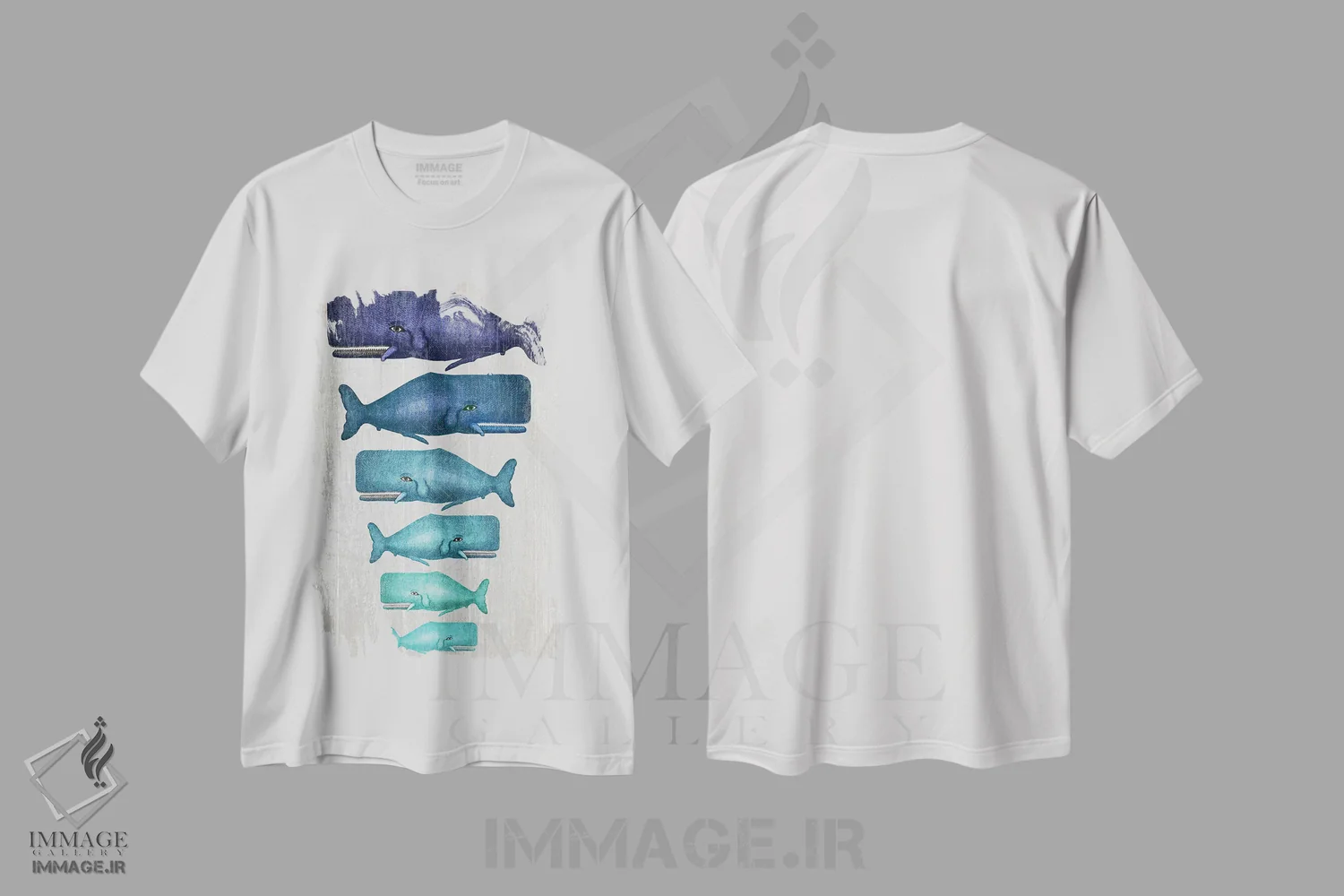 تیشرت سفید طرح دار خانواده نهنگ آبی روی سفید، تزئینی اثر فب فانکی | فروشگاه ایماژ