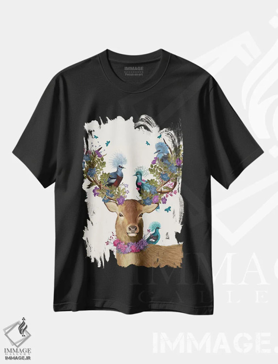 تیشرت مشکی طرح دار گوزن نگهبان پرنده، کبوترهای آبی، تزئینی اثر فب فانکی | فروشگاه ایماژ
