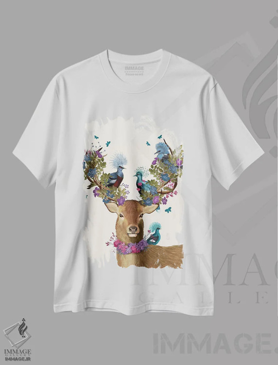 تیشرت سفید طرح دار گوزن نگهبان پرنده، کبوترهای آبی، تزئینی اثر فب فانکی | immage.ir