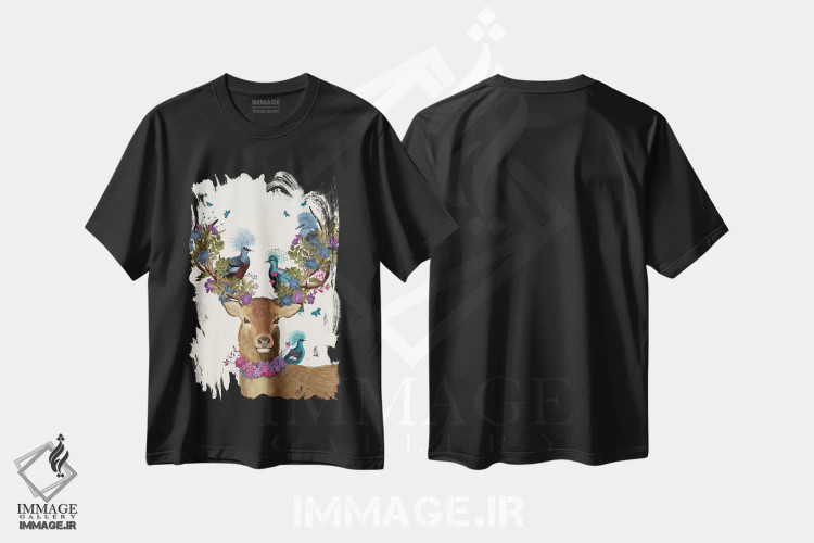 تیشرت مشکی طرح دار گوزن نگهبان پرنده، کبوترهای آبی، تزئینی اثر فب فانکی | فروشگاه ایماژ