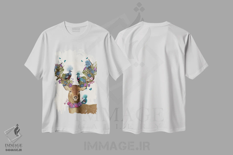 تیشرت سفید طرح دار گوزن نگهبان پرنده، کبوترهای آبی، تزئینی اثر فب فانکی | immage.ir