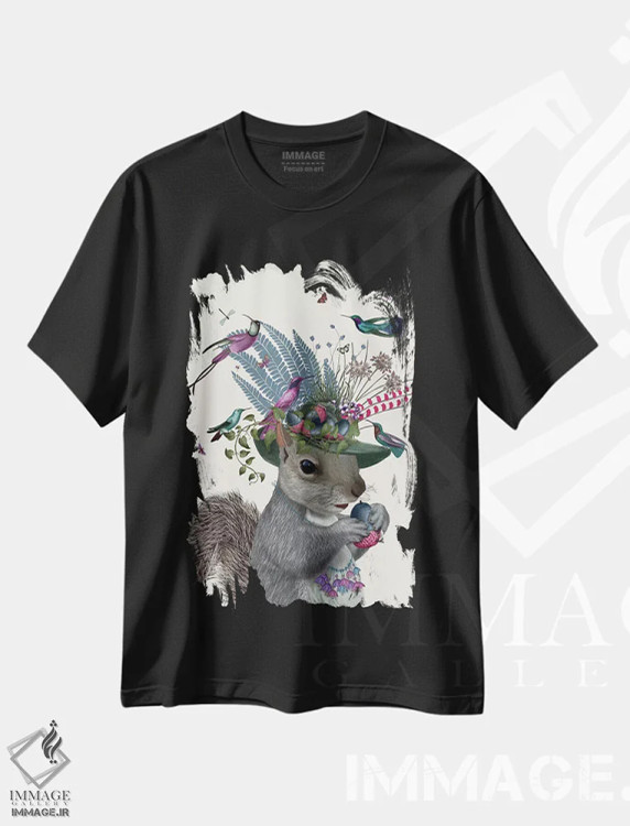 تیشرت مشکی طرح دار سنجاب نگهبان پرنده و بلوط های آبی، تزئینی اثر فب فانکی | فروشگاه ایماژ