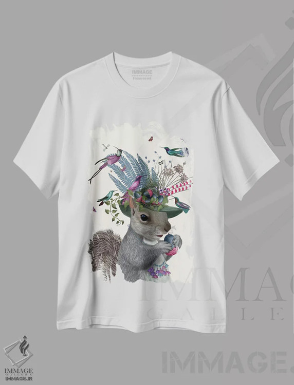 تیشرت سفید طرح دار سنجاب نگهبان پرنده و بلوط های آبی، تزئینی اثر فب فانکی | immage.ir