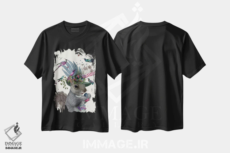 تیشرت مشکی طرح دار سنجاب نگهبان پرنده و بلوط های آبی، تزئینی اثر فب فانکی | فروشگاه ایماژ