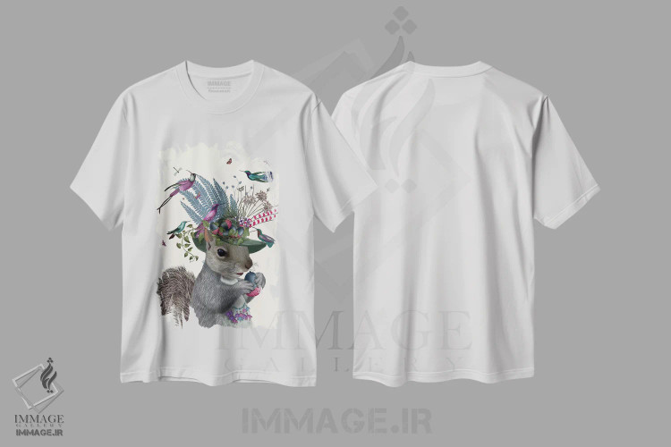 تیشرت سفید طرح دار سنجاب نگهبان پرنده و بلوط های آبی، تزئینی اثر فب فانکی | immage.ir