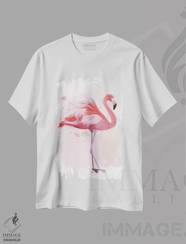 تیشرت سفید طرح دار فلامینگو پرپُشت ۲، دکور ساحلی اثر فب فانکی | فروشگاه ایماژ