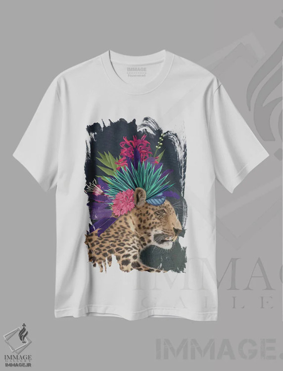 تیشرت سفید طرح دار پلنگ گلخانه ای ۱، دکور بوهمی اثر فب فانکی | فروشگاه ایماژ